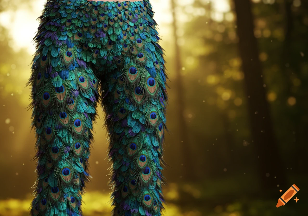 Close-up of vibrant green and blue peacock feather trousers in a sun-dappled forest.