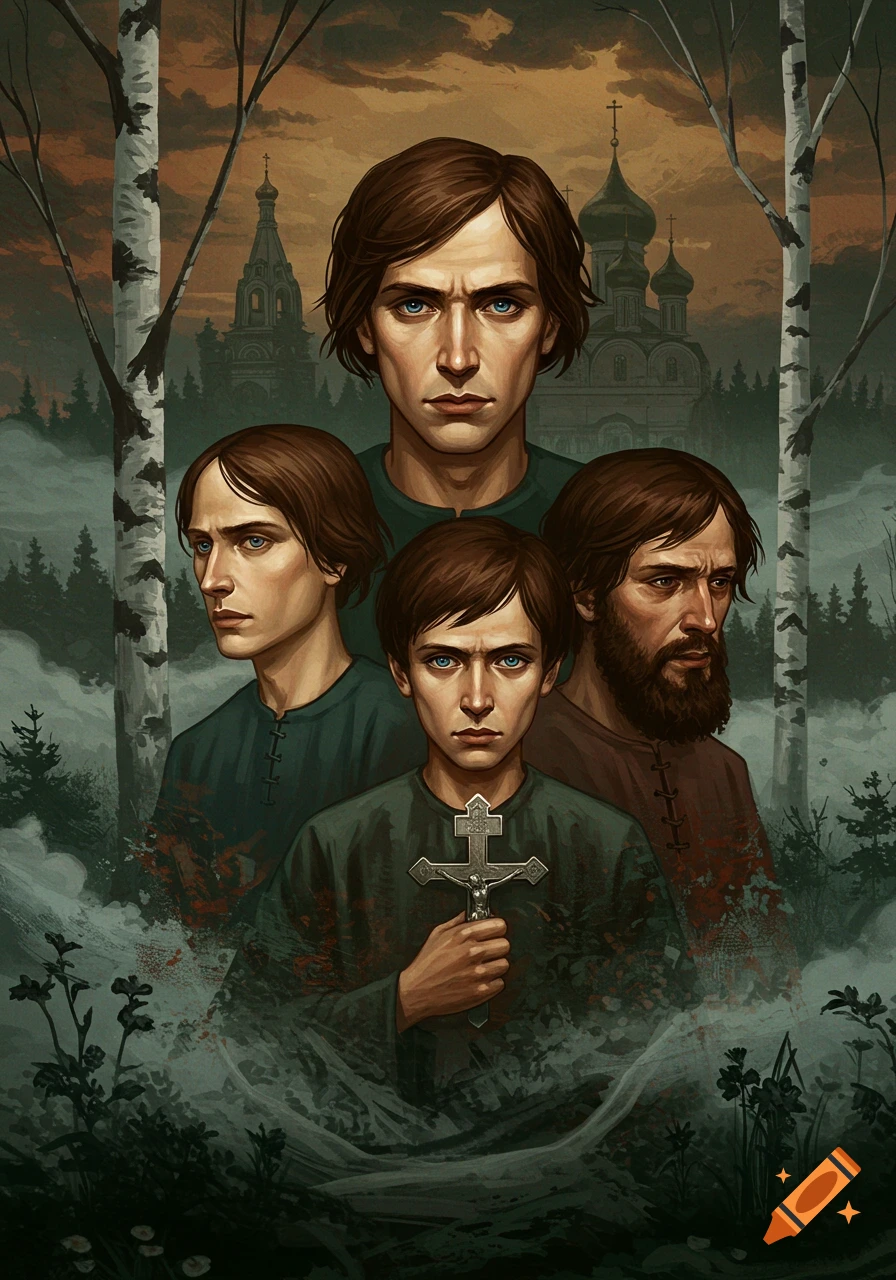 Stylized illustration of four men/boys, one holding a crucifix, in a misty forest with birch trees and a distant church.