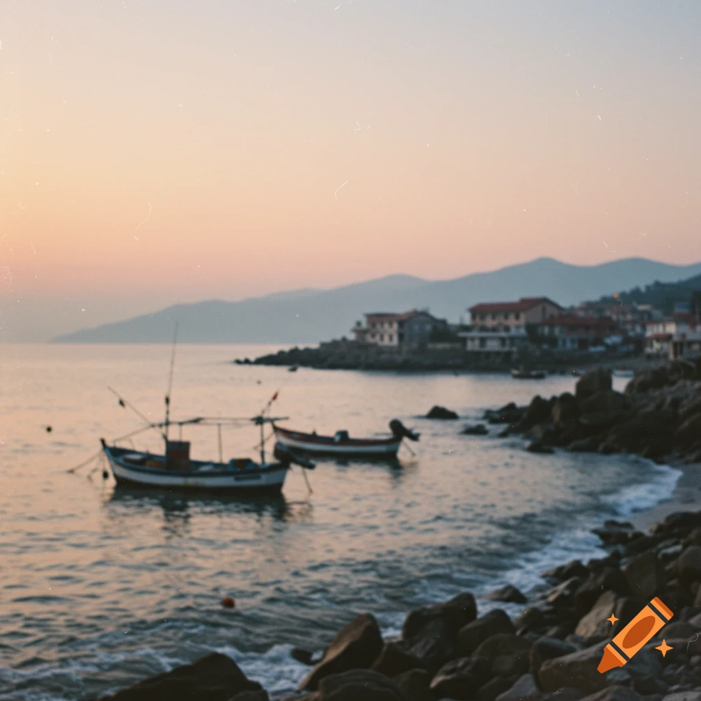 Two fishing boats near a rocky coast with a distant town and mountains at sunset, in a blurry, vintage style.
