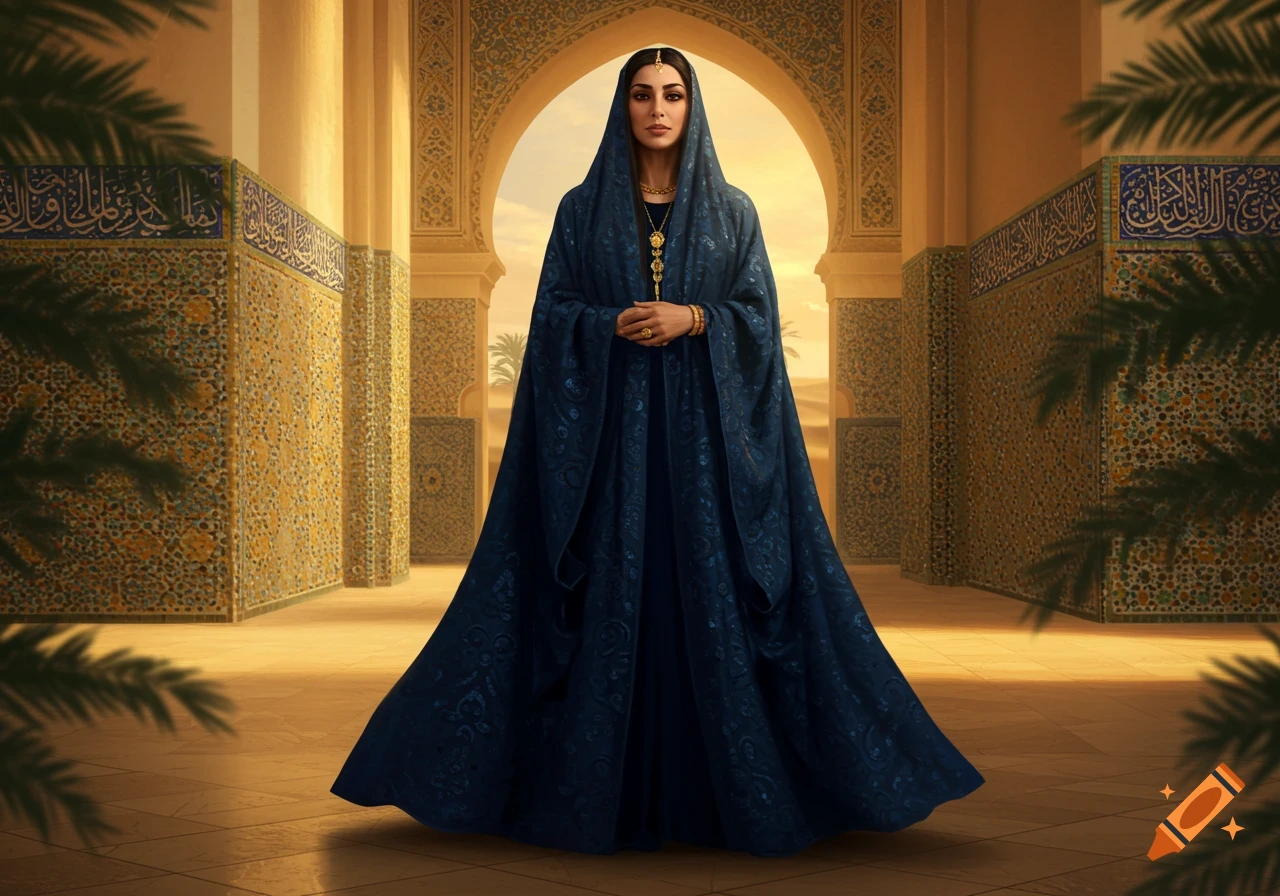A woman in a dark blue hooded cloak and traditional jewelry stands in a grand archway within an ornate, tiled building.