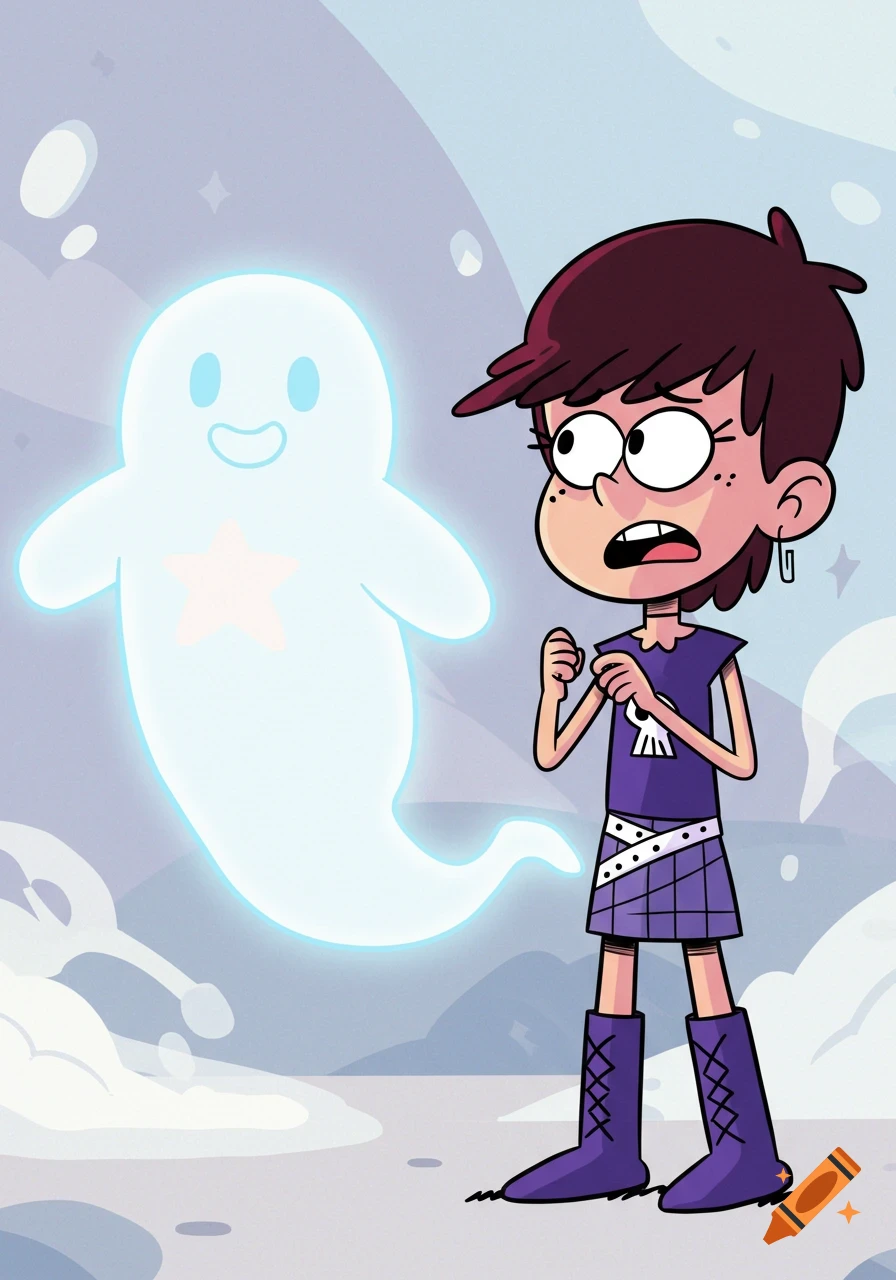 Cartoon of Luna Loud looking shocked at a smiling, glowing blue ghost resembling Steven Universe against a light background.