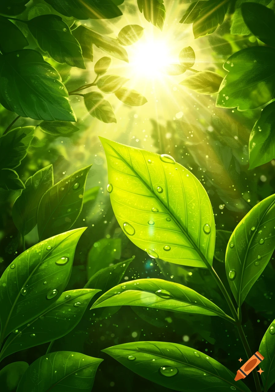 Vibrant green leaves with water droplets are illuminated by bright sunlight filtering through the foliage, creating a fresh, lush scene.