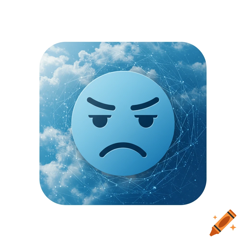 A blue angry emoji with furrowed brows and a downturned mouth, set against a blue sky with clouds and a digital network pattern, all within a rounded square icon.