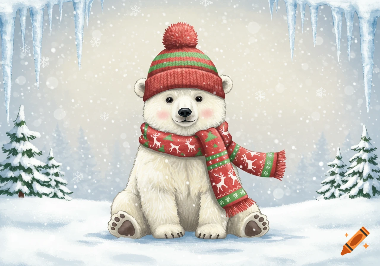 A cute watercolor illustration of a polar bear wearing a red and green ...