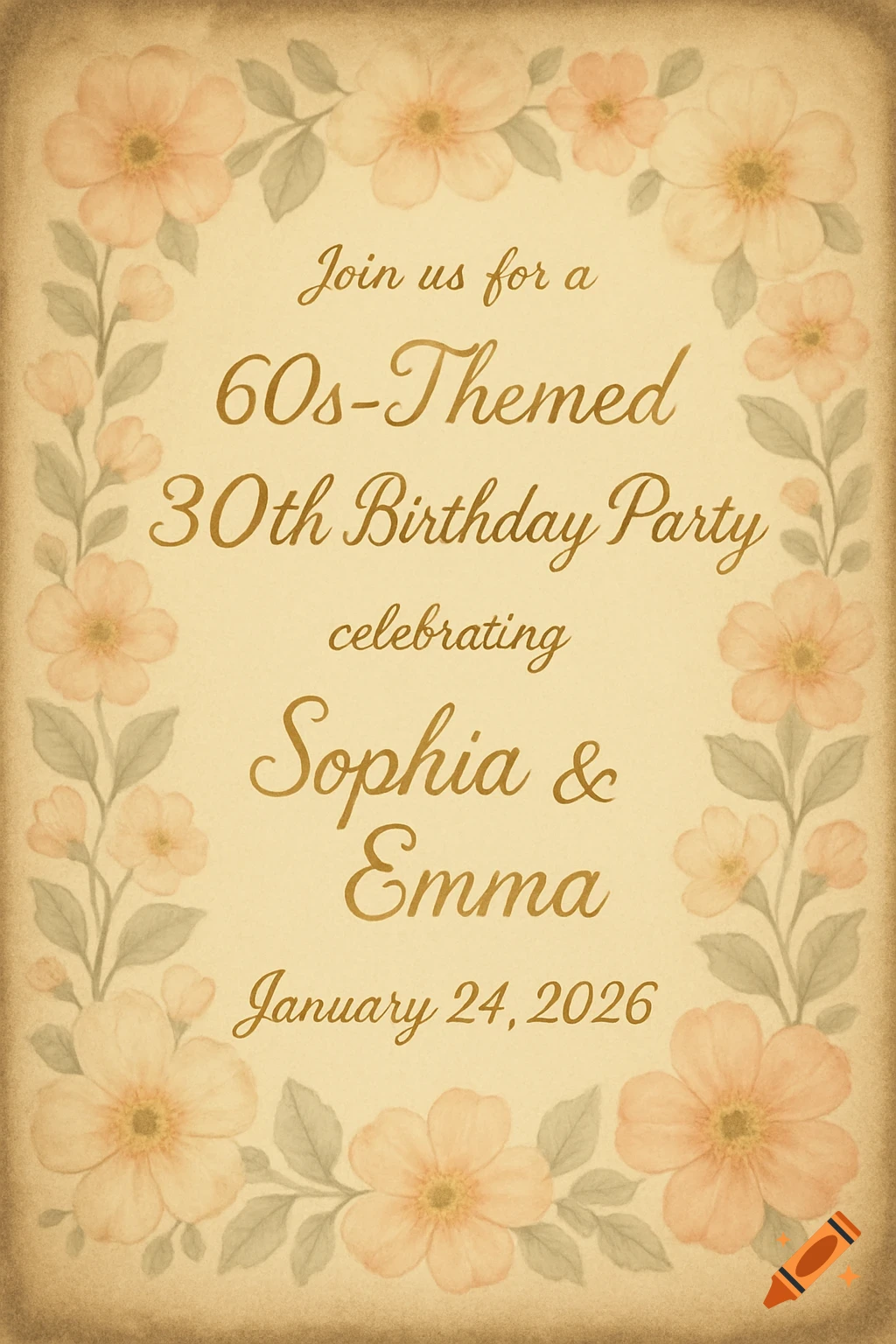 A vintage-style birthday invitation with a floral border, announcing a "60s-Themed 30th Birthday Party celebrating Sophia & Emma on January 24, 2026."
