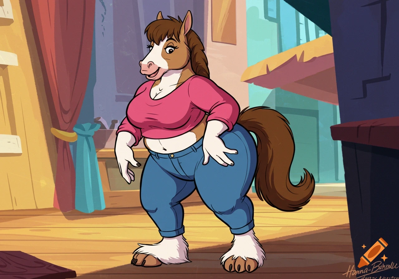 A cartoon anthropomorphic female horse in a pink top and blue jeans stands on a wooden floor in a Hanna-Barbera 1980s style.