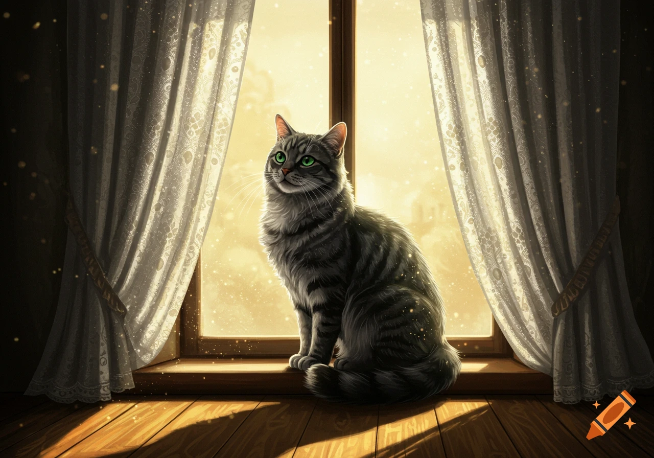A gray tabby cat with bright green eyes sits on a sunlit wooden windowsill, looking up, with white lace curtains framing the golden window.