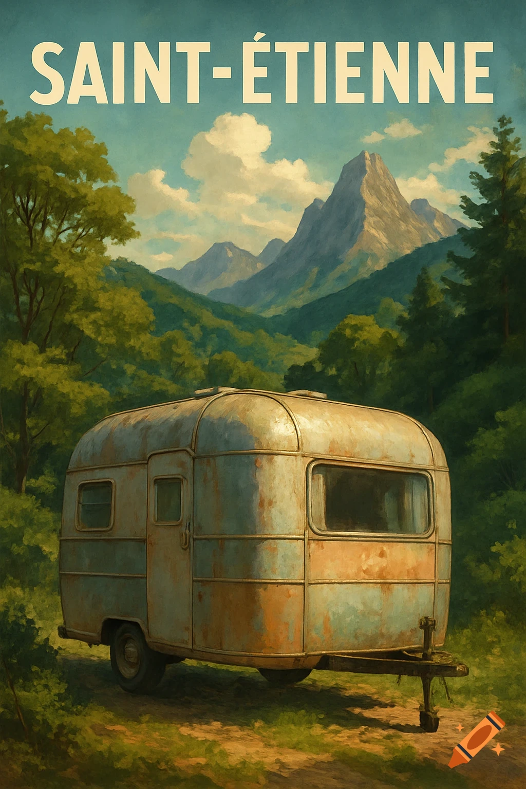 A vintage poster of a rusty camper van in a lush green mountain valley with mountains in the background, labeled 'SAINT-ÉTIENNE'.