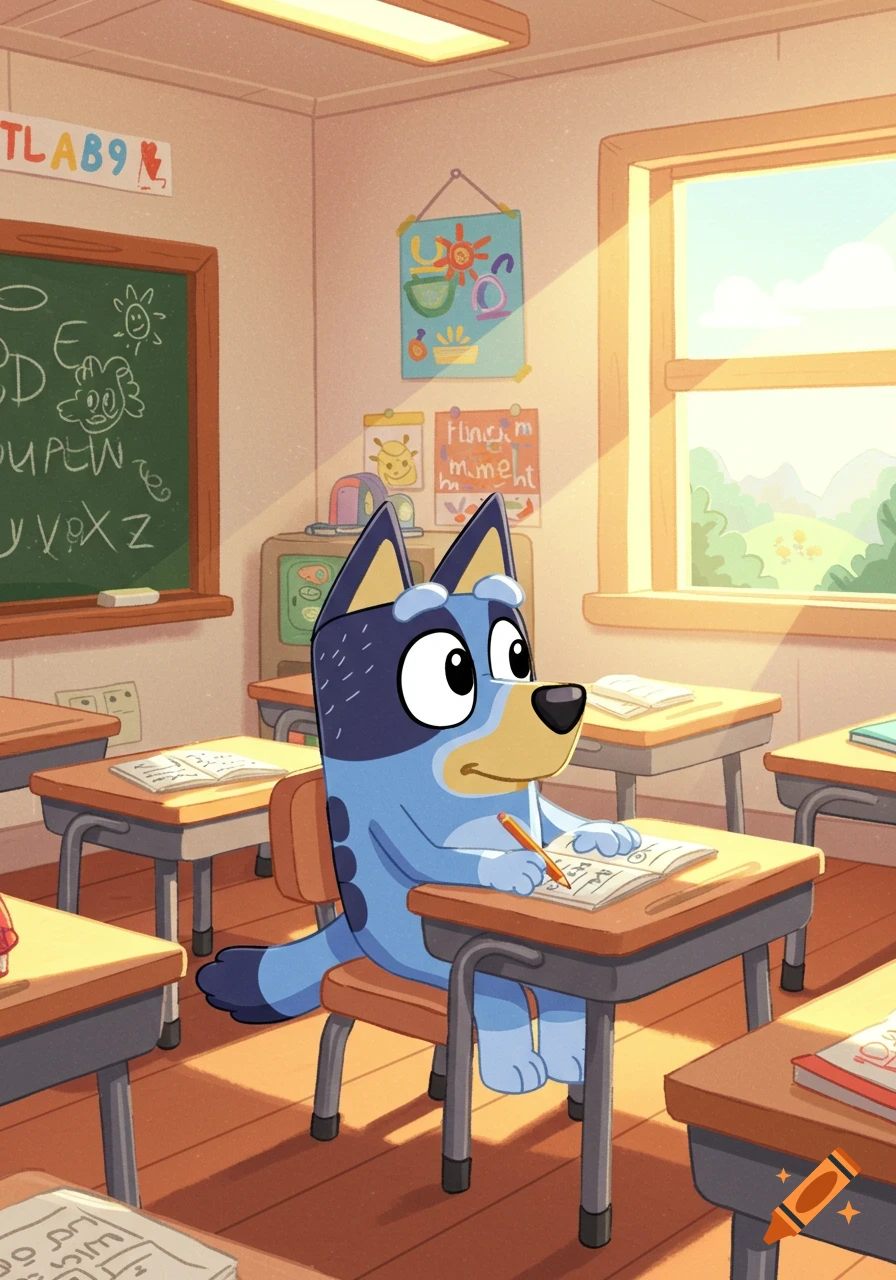 A cartoon blue dog character, Bluey, sits at a desk in a sunny classroom, writing in a notebook.