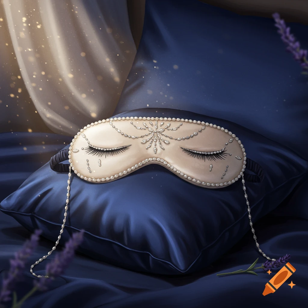 A decorative pearl and rhinestone sleep mask rests on a dark blue satin pillow with lavender sprigs, illuminated by soft, sparkling light.
