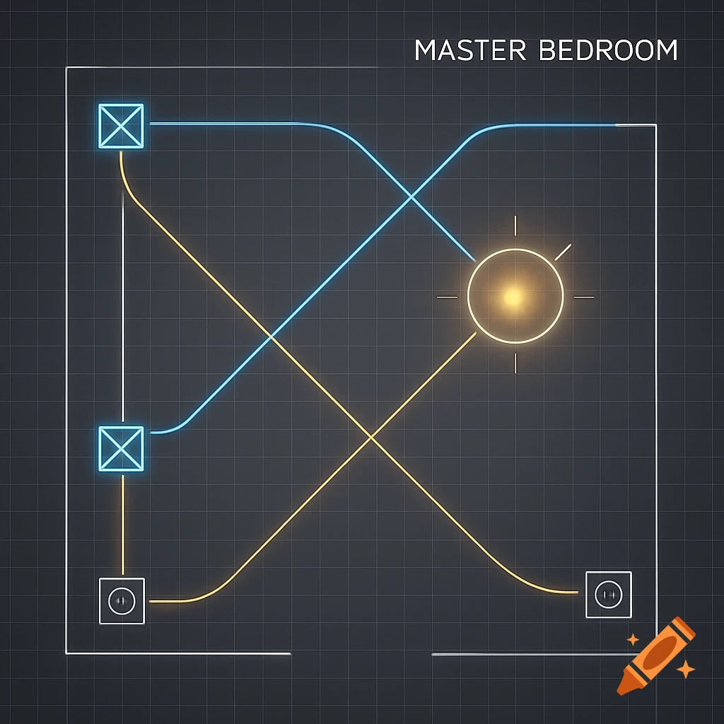 Digital electrical schematic of a master bedroom with glowing blue and yellow lines connecting symbols on a grid background.