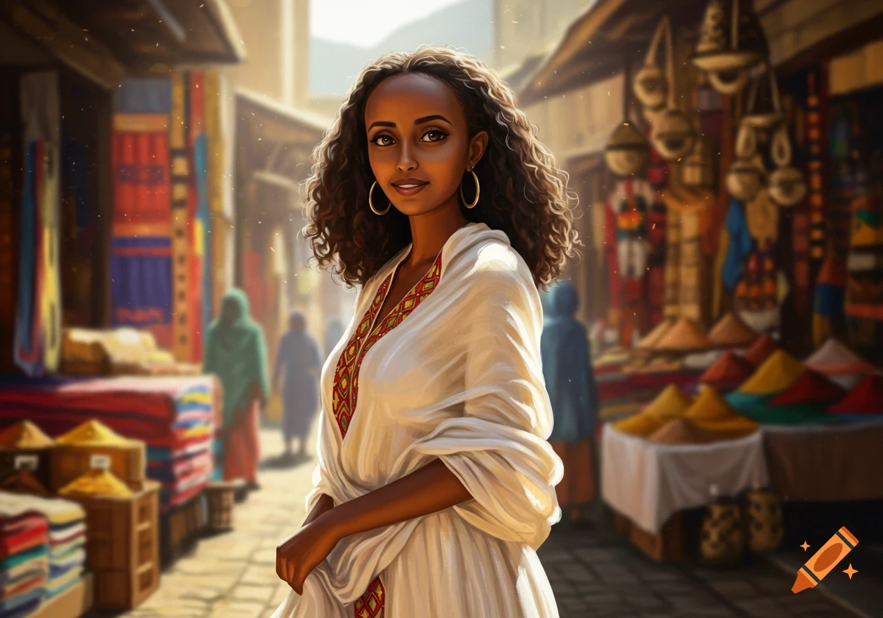 A young Ethiopian woman in a traditional white dress with colorful embroidery stands smiling in a bustling, colorful marketplace, artistic illustration.