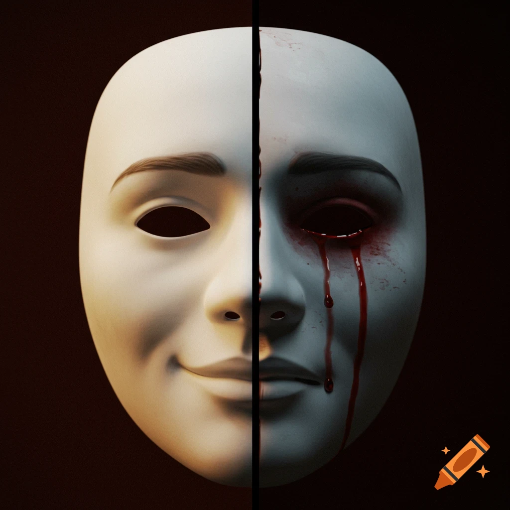 A white mask split down the middle; one side smiles, the other has an empty eye socket with blood streaming like tears.