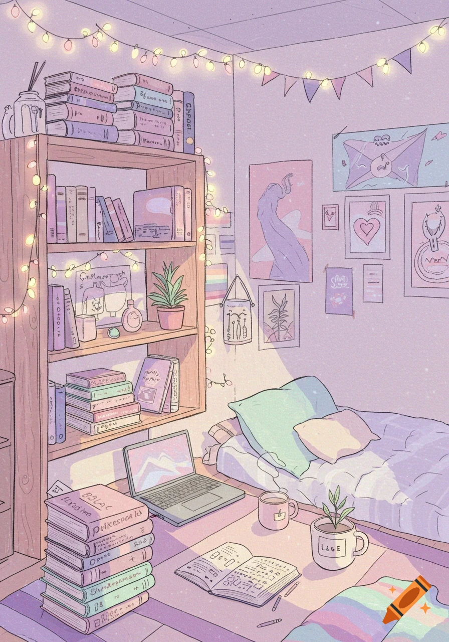 A cozy, pastel-colored anime-style student room with bookshelves, books, a laptop, string lights, and a bed.