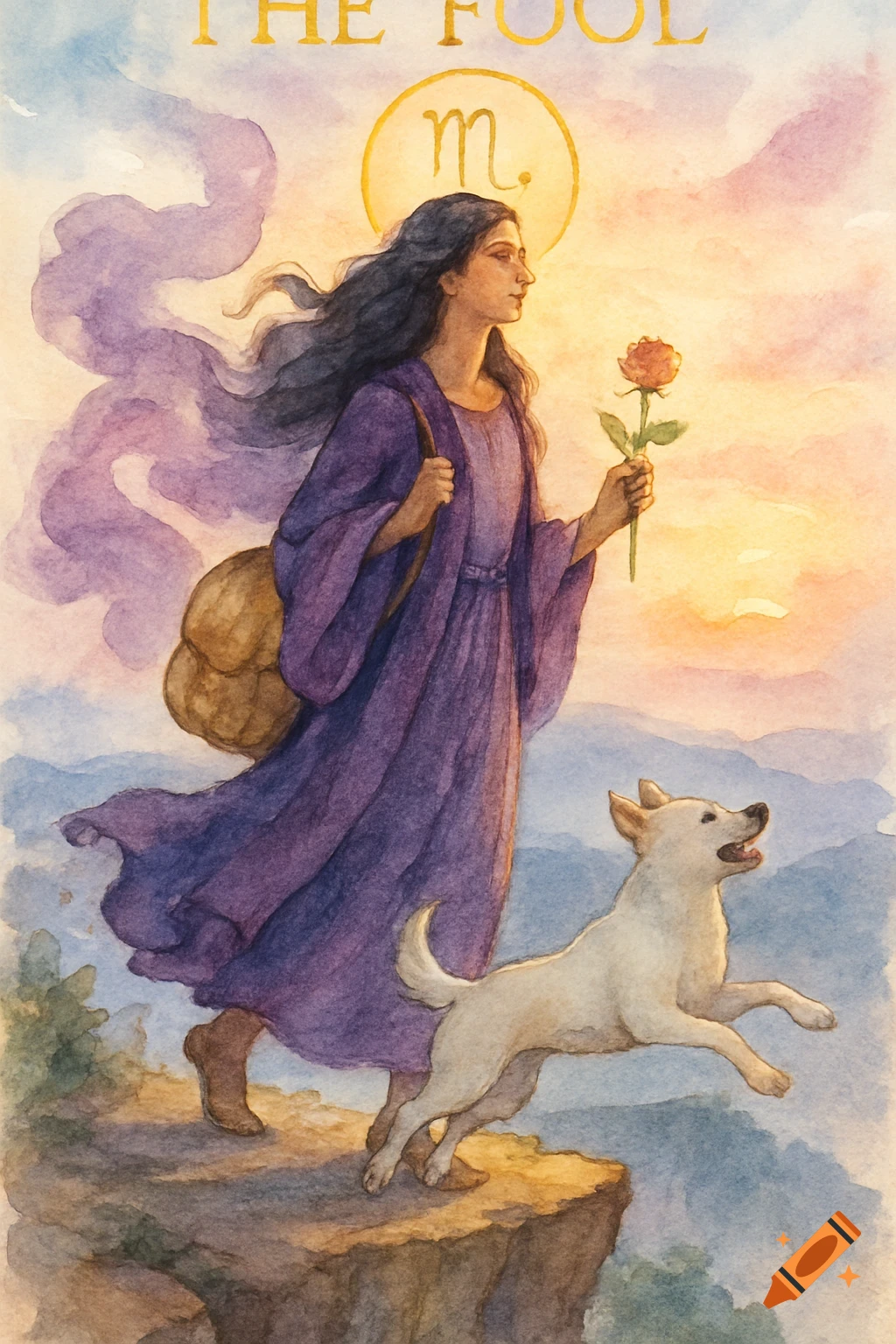 Watercolor of a woman in a purple robe, holding a rose, walking with a white dog on a cliff at sunrise, under 'THE FOOL' text and a Scorpio symbol.