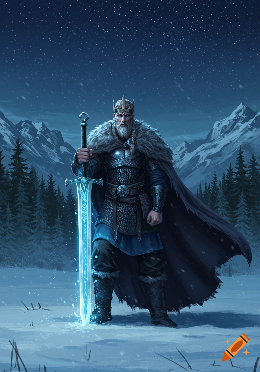 A majestic king in a fur cape and armor, holding a glowing blue sword in a snowy mountain landscape under a starry night sky.