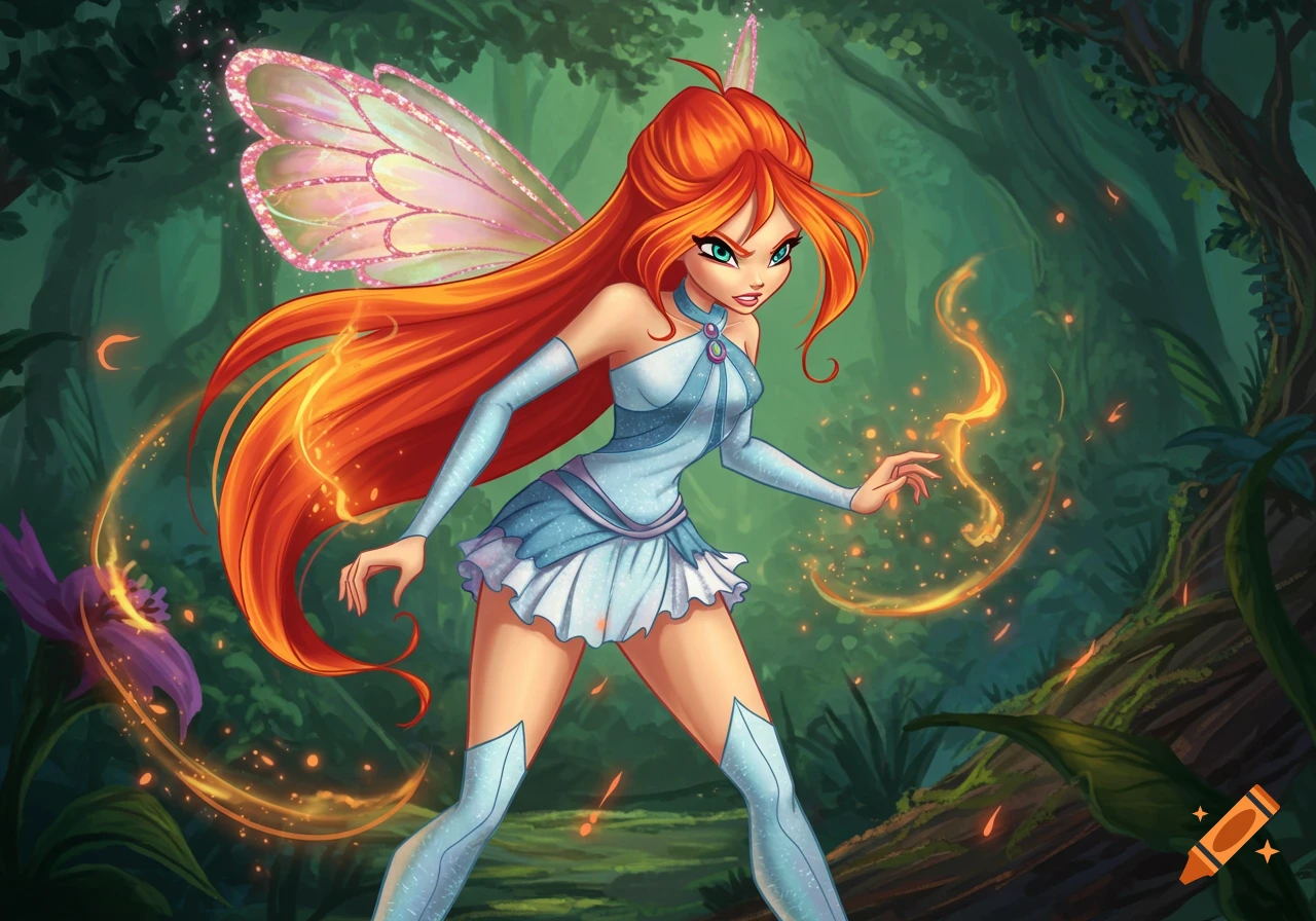 Angry Bloom from Winx Club in a light blue fairy outfit with iridescent wings casts fire magic in a dark forest, anime style.