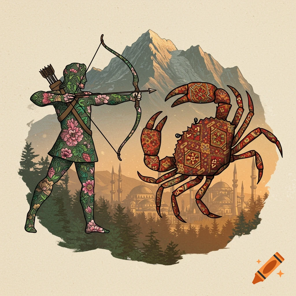 A stylized illustration features a floral-patterned archer aiming at a crab adorned with geometric rug patterns, with mountains and a city in the background.
