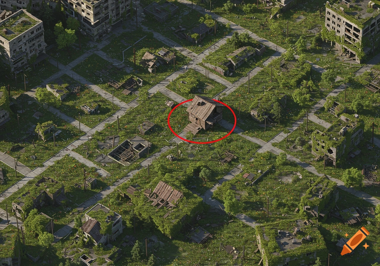 Aerial view of an abandoned, overgrown city with a red circle highlighting a small wooden cabin among ruined buildings.