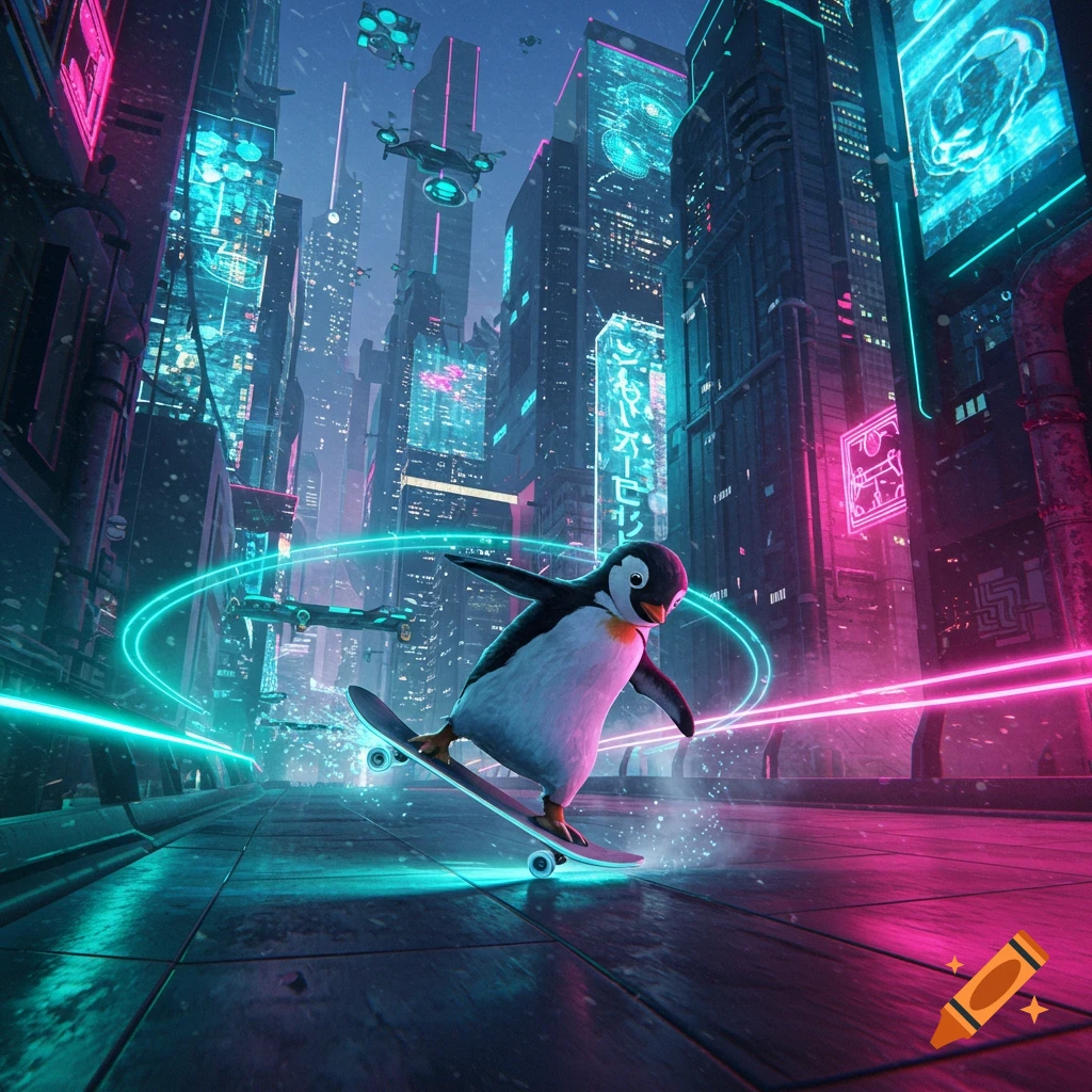 A penguin skateboards down a futuristic street illuminated by bright neon pink and blue lights, with tall buildings and flying vehicles in the background.