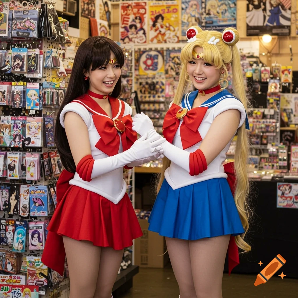 Two smiling women cosplaying as Sailor Mars and Sailor Moon stand in a merchandise-filled anime store.