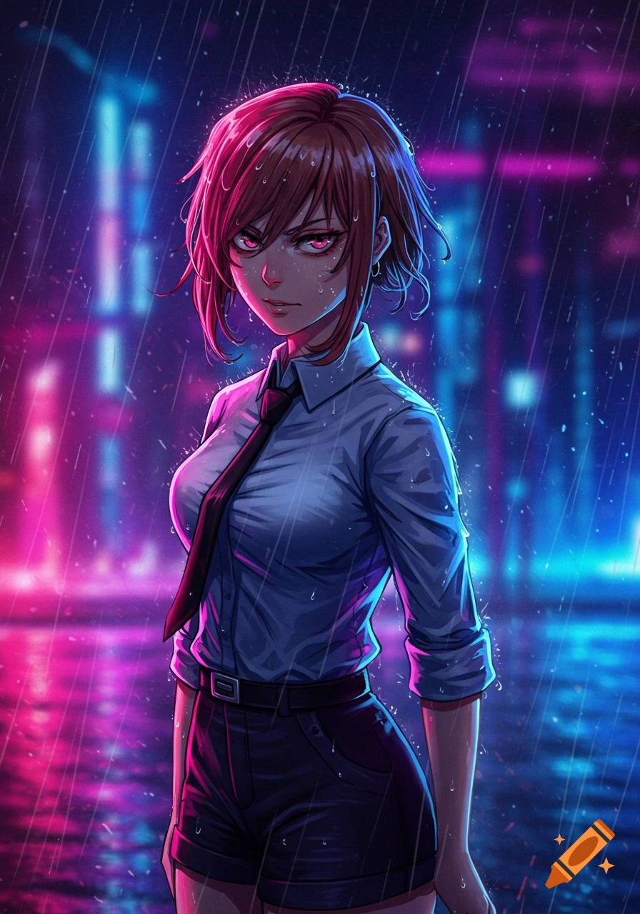 Anime female character with short reddish-brown hair and a stern expression, wearing a wet shirt and tie in the rain against a neon-lit city background.