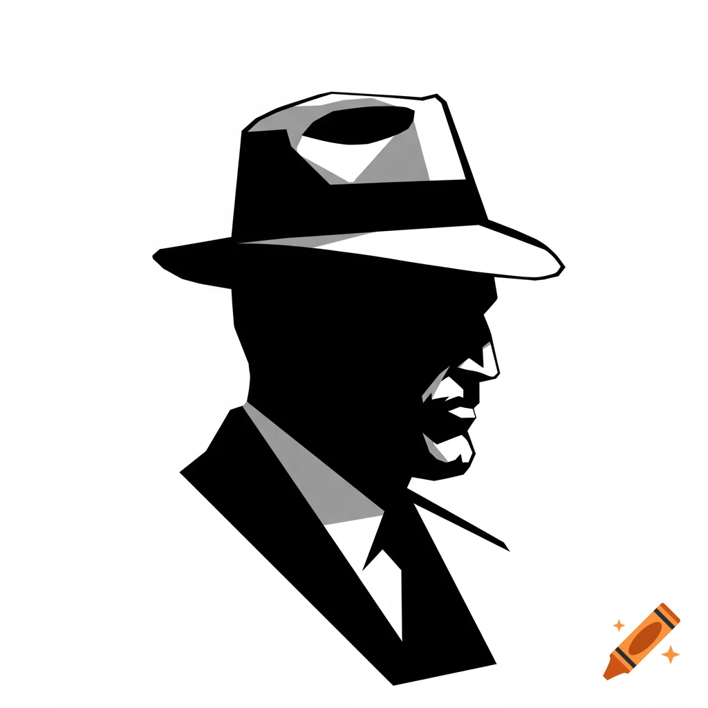 A stylized black and white cubist silhouette of a man's head and shoulders wearing a fedora, viewed in profile.