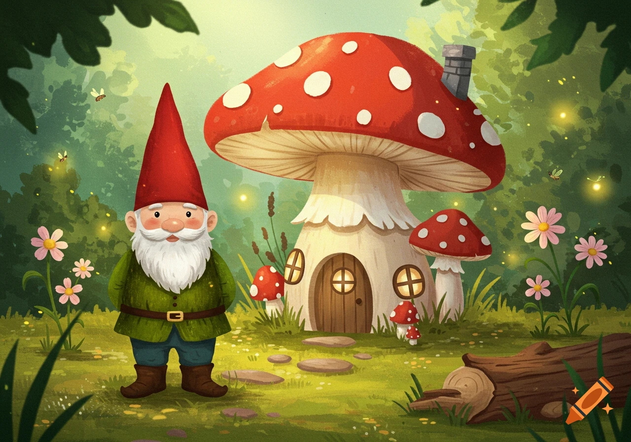 A friendly garden gnome stands in a whimsical forest setting with a large mushroom house, smaller mushrooms, and flowers.