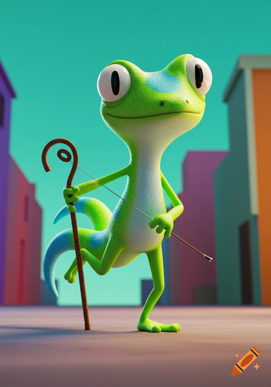 A vibrant 3D cartoon green and blue gecko with large eyes and a friendly smile walks with a curved stick in a stylized city.