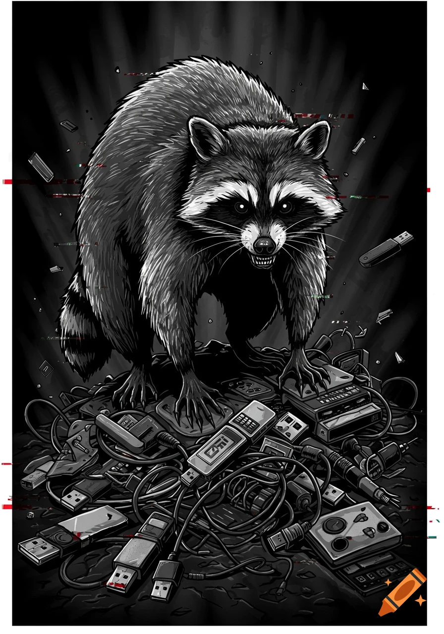 A black and white cartoon illustration of a fierce, glitch-effect raccoon with glowing eyes, guarding a pile of tech.