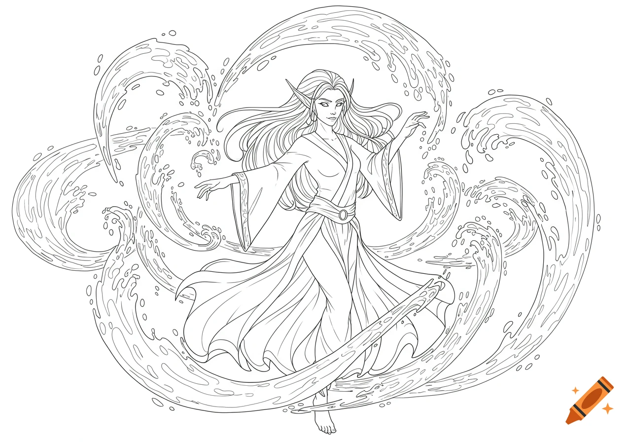 Line art of an elf water mage with long hair and a flowing dress, surrounded by swirling water.
