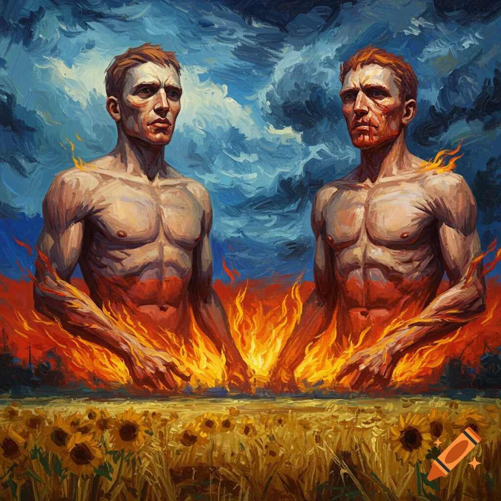 Two shirtless, muscular men aflame from the waist down in a sunflower field under a stormy sky, in a Van Gogh-esque painting style.