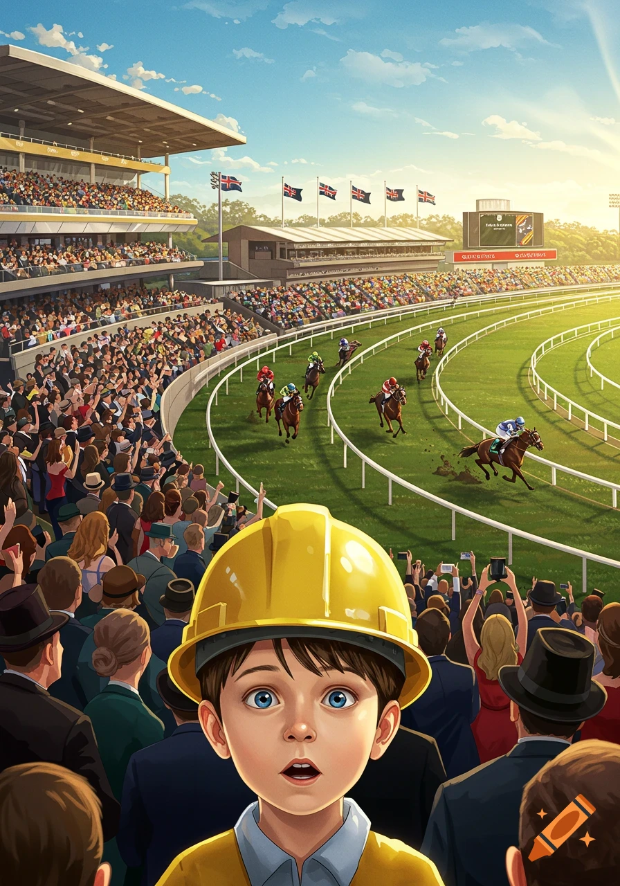 A wide-eyed boy in a yellow hard hat watches a horse race with a crowd of spectators and a grandstand in the background under a sunny sky, illustration.