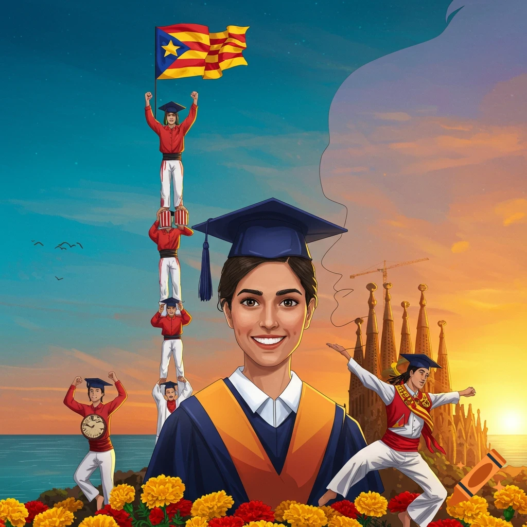Illustrated graduate woman, with a Catalan human tower, a dancer, Sagrada Familia, and flowers under a sunset sky.