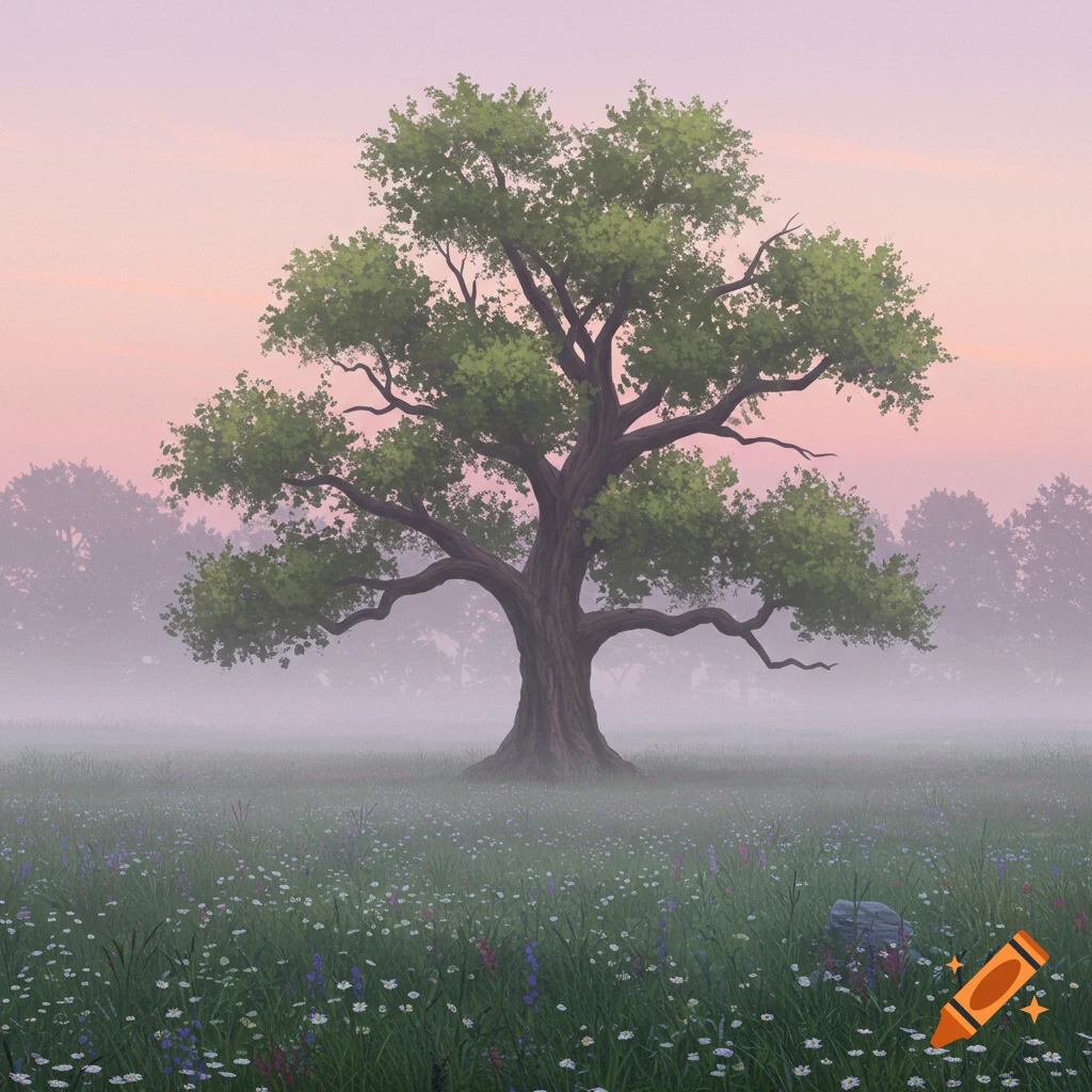 A large green tree stands in a misty field filled with wildflowers under a pink and orange sky.