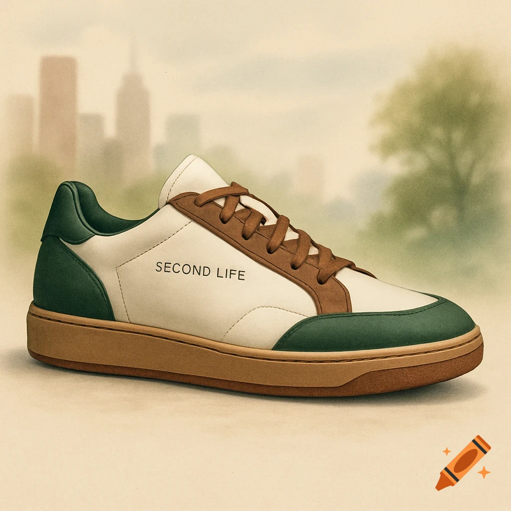 A white, green, and brown sneaker with 'SECOND LIFE' written on its side, against a blurred background of a city skyline and trees.