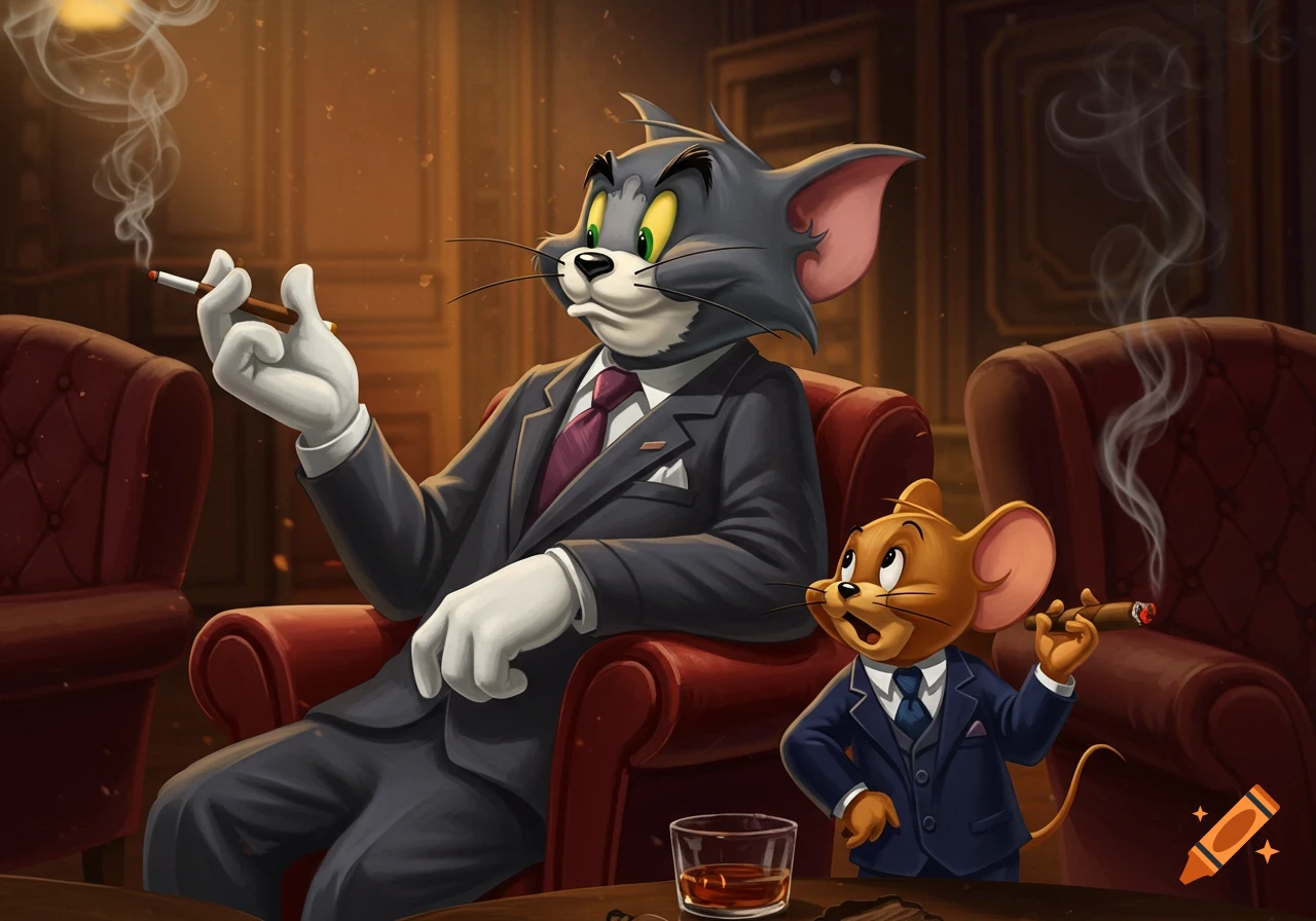 Tom the cat and Jerry the mouse in suits, sitting in armchairs, smoking cigars, with a glass of whiskey on a table.