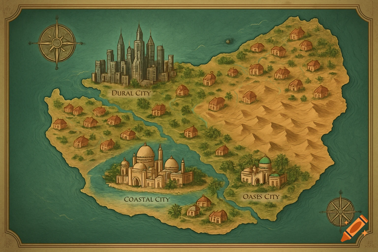 A stylized old-world map of an island featuring Dural City, Coastal City, and Oases City, with villages, diverse terrain, and a compass rose.