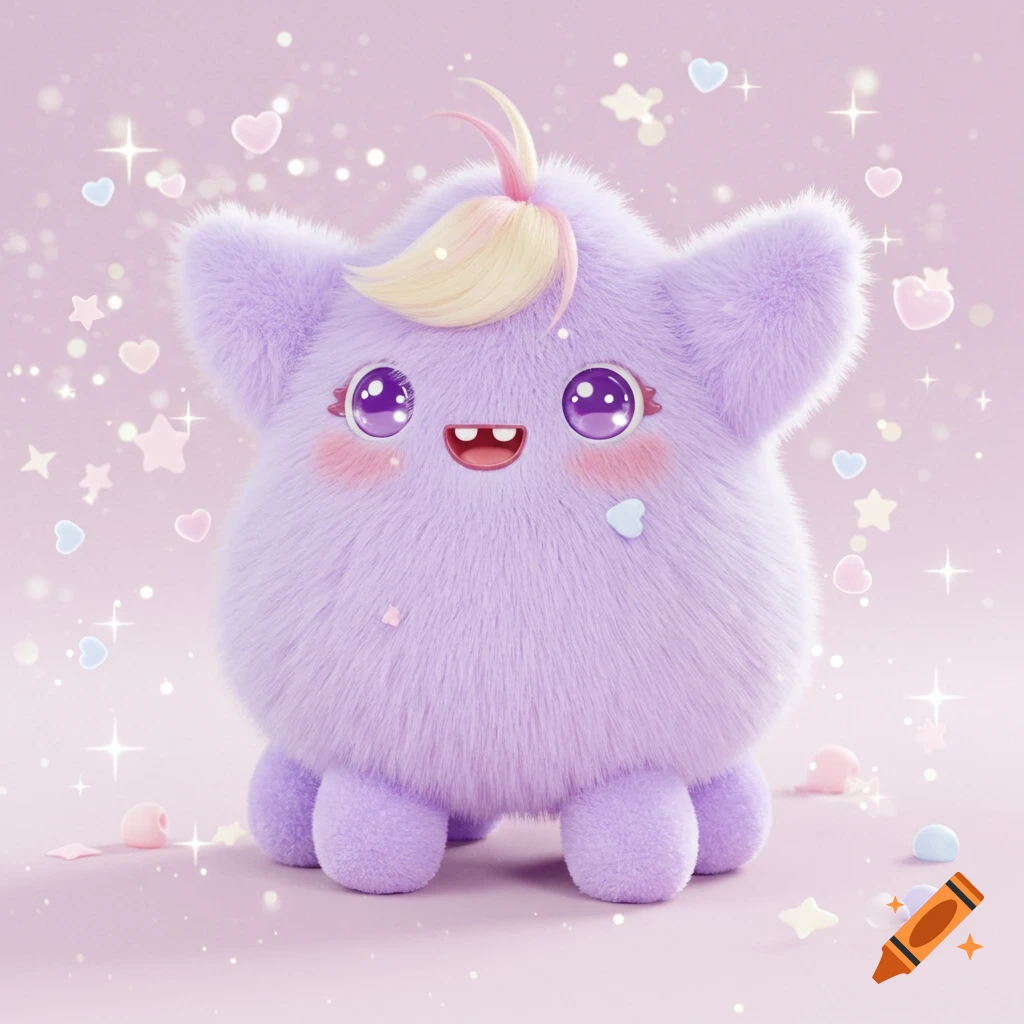 A fluffy purple kawaii creature with big lavender eyes, a smiling mouth, and a blonde hair tuft, surrounded by pastel sparkles and hearts on a pink background.