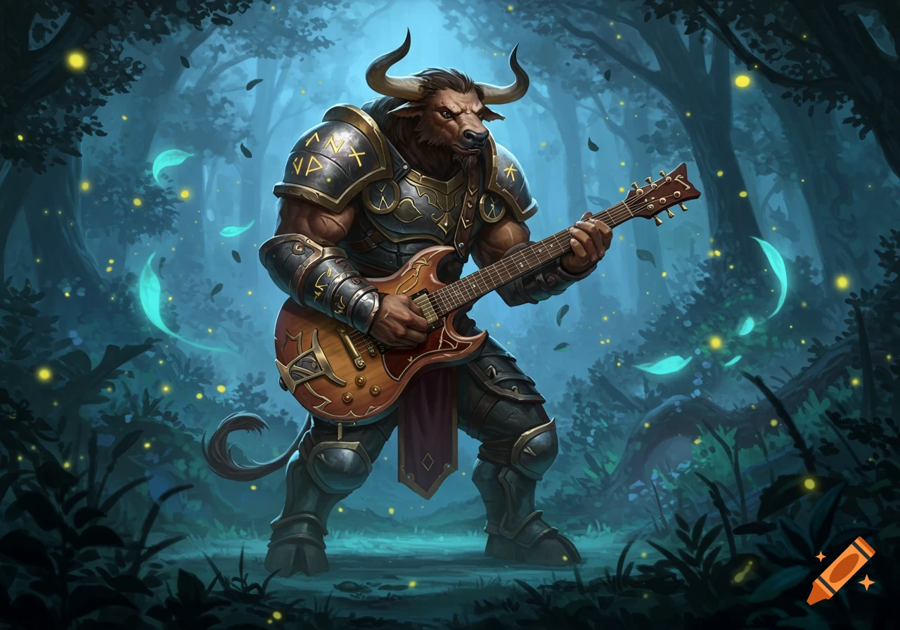 An armored minotaur plays an electric guitar in a mystical, glowing forest, in an RPG art style.