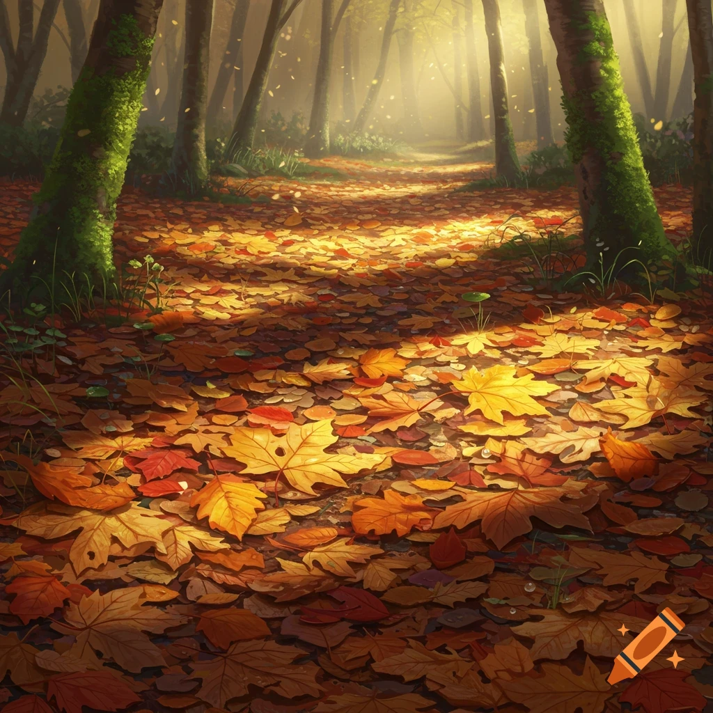 A sunlit path winding through a forest covered in vibrant orange and ...