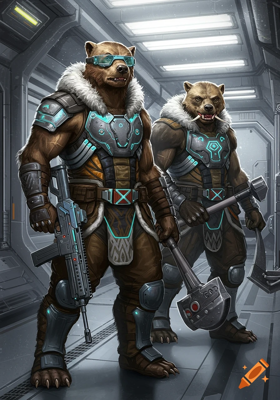 Two anthropomorphic bears in futuristic, Inuit-inspired armor stand in a spaceship airlock. One holds a light machine gun, the other a blunt melee weapon. The lead bear wears cybernetic goggles.