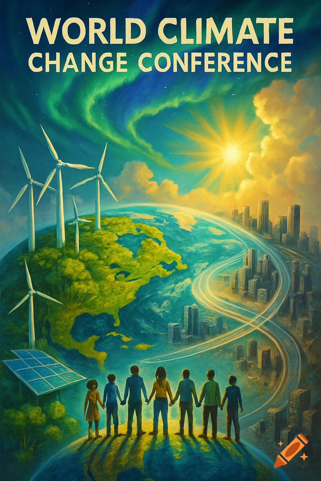 Vibrant poster for a climate change conference, showing people on Earth, renewable energy, cities, and 'WORLD CLIMATE CHANGE CONFERENCE'.