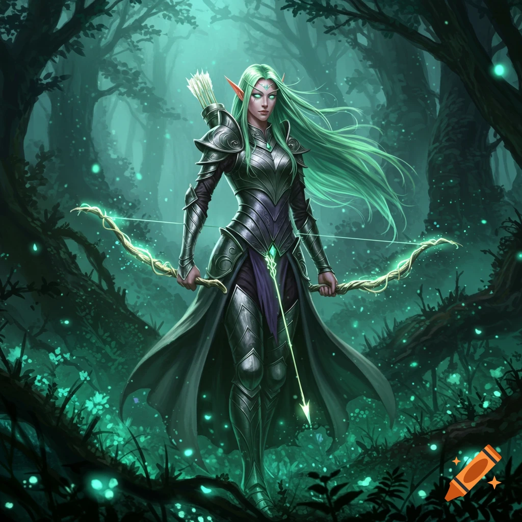 A female elf archer with green hair and glowing eyes stands in a magical, emerald-lit forest, holding a glowing bow.
