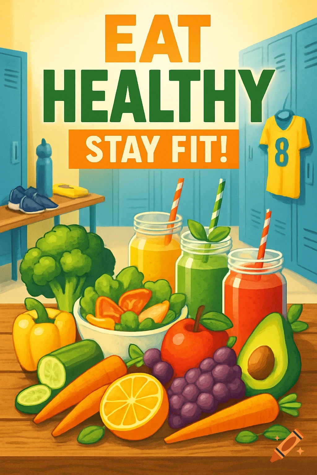 A vibrant illustration poster reading "EAT HEALTHY STAY FIT!", featuring fresh fruits, vegetables, and smoothies on a table in a locker room.