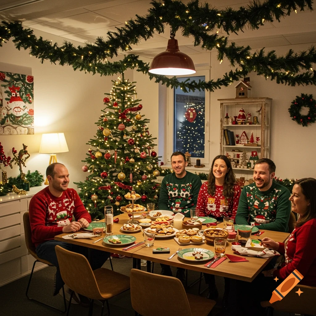 A group of five people in Christmas sweaters celebrating around a table ...