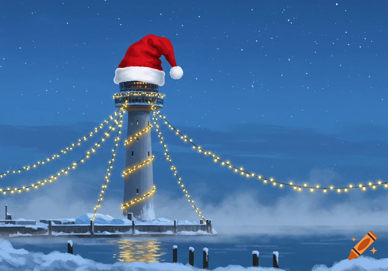 A tall lighthouse in a Santa hat and string lights stands in a snowy harbor under a starry night sky.