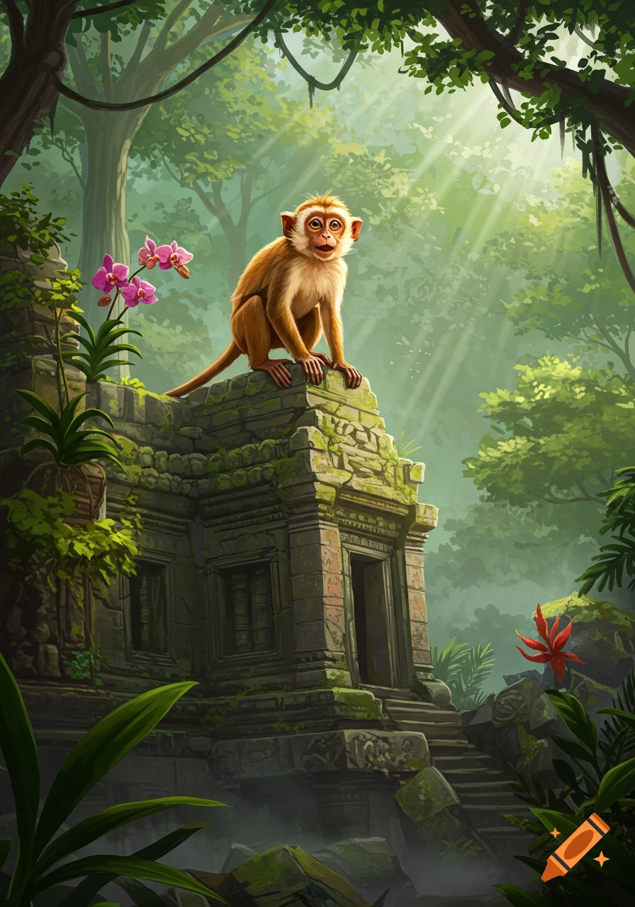 An illustration of a small monkey sitting on moss-covered ancient ruins in a lush, sunlit jungle, with pink orchids nearby.