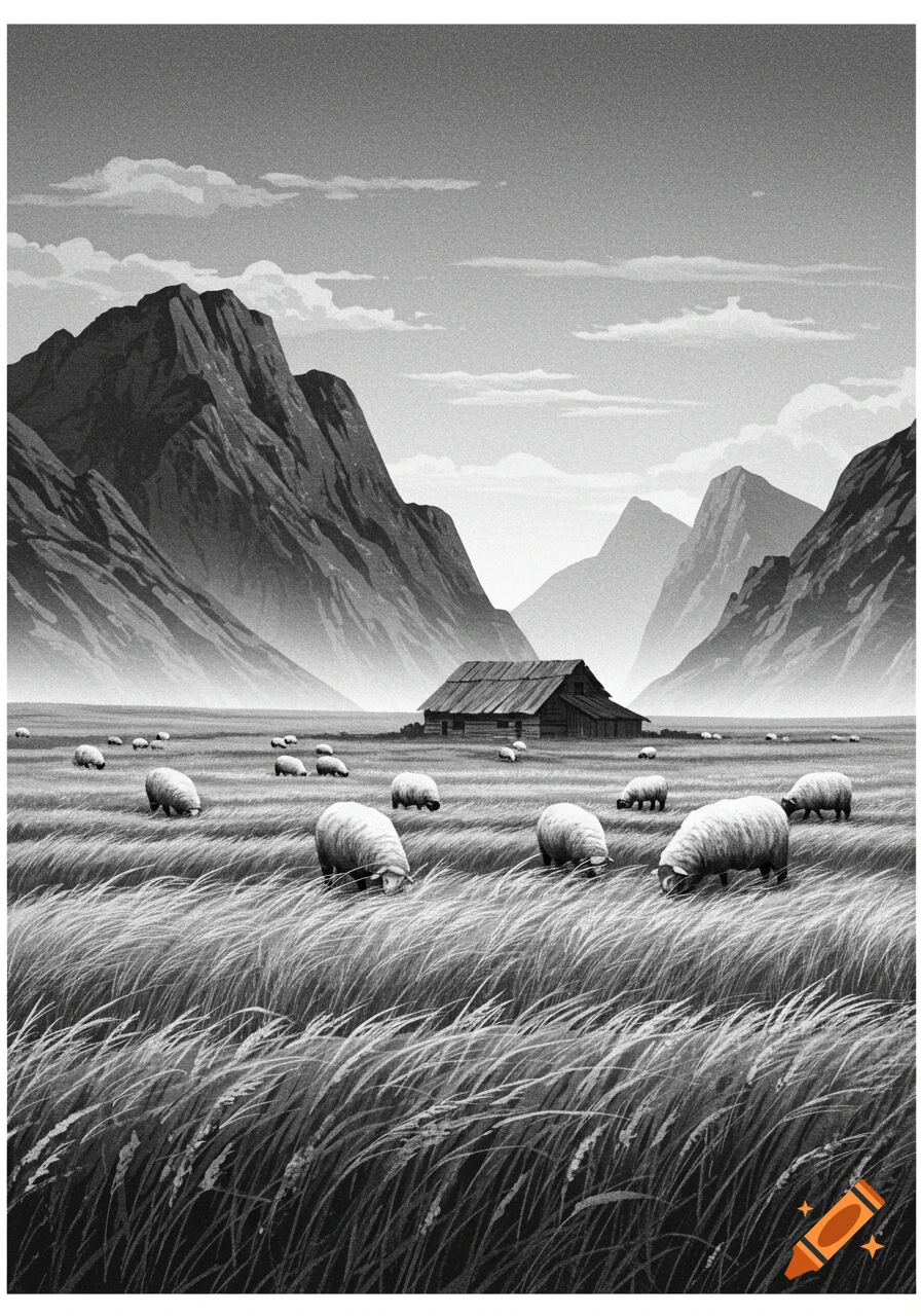 Black and white landscape of sheep grazing in a tall grass field with a barn and mountains in the background.