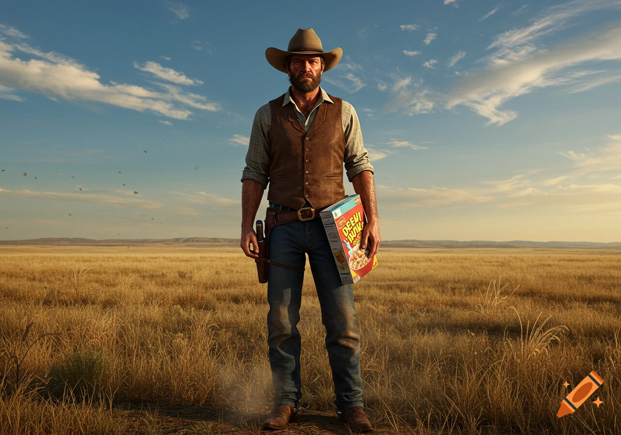 A photorealistic cowboy with a beard and a hat stands in a vast grassy field, holding a box of cereal.